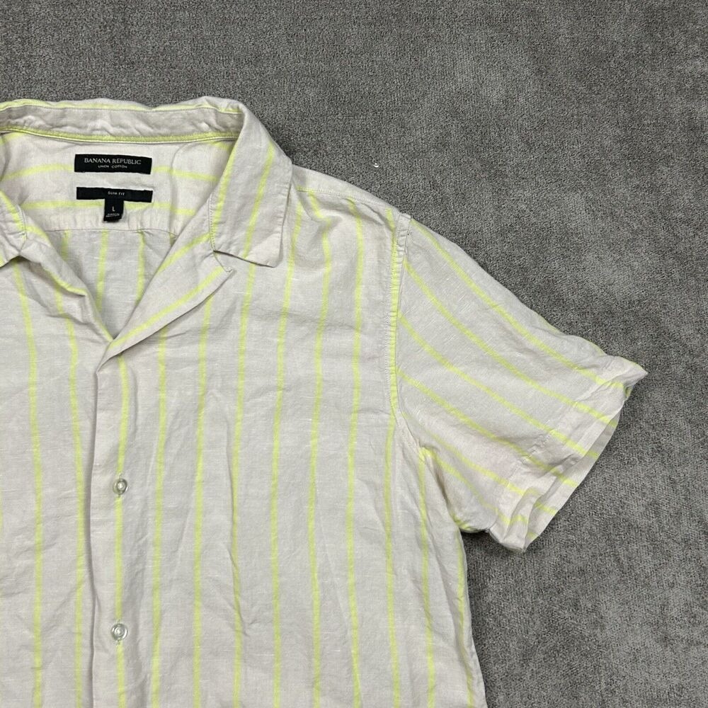 Banana Republic Shirt Mens Linen BlendCamp Collar Large Slim Fit Tan Striped